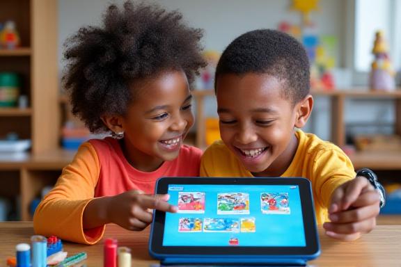 Grupo de niños colaborando en un proyecto de arte digital y código