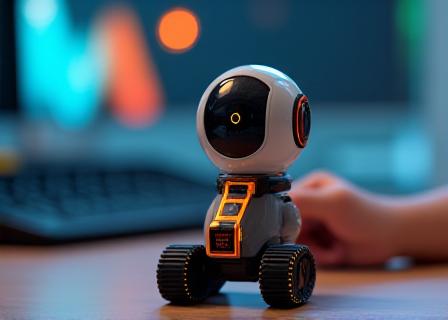 Niño señalando un robot educativo articulado
