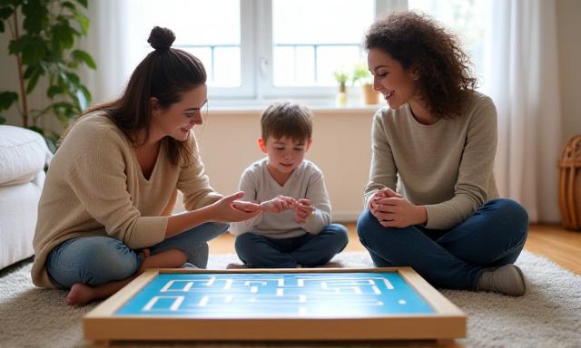 Familia jugando con bloques de madera