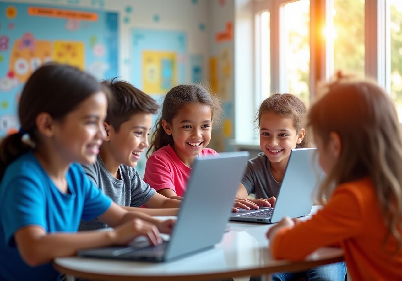 Niños colaborando en un campamento de programación