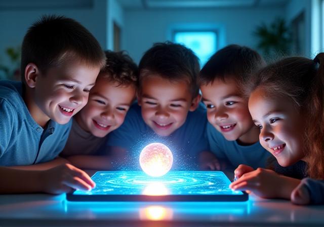 Niños interactuando con tecnología del futuro