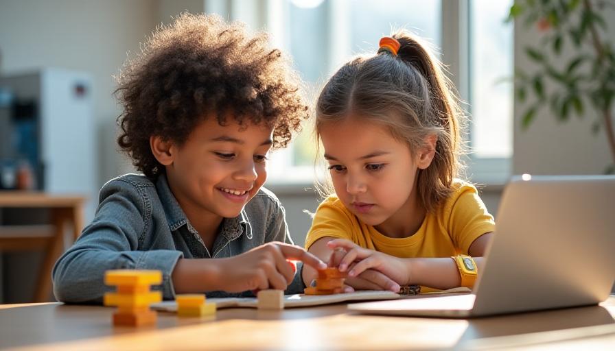 Grupo de niños colaborando con bloques lógicos y computadoras en un ambiente educativo moderno