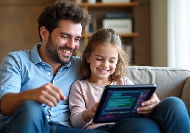 Padre e hija aprendiendo programación juntos en una tableta en un ambiente acogedor