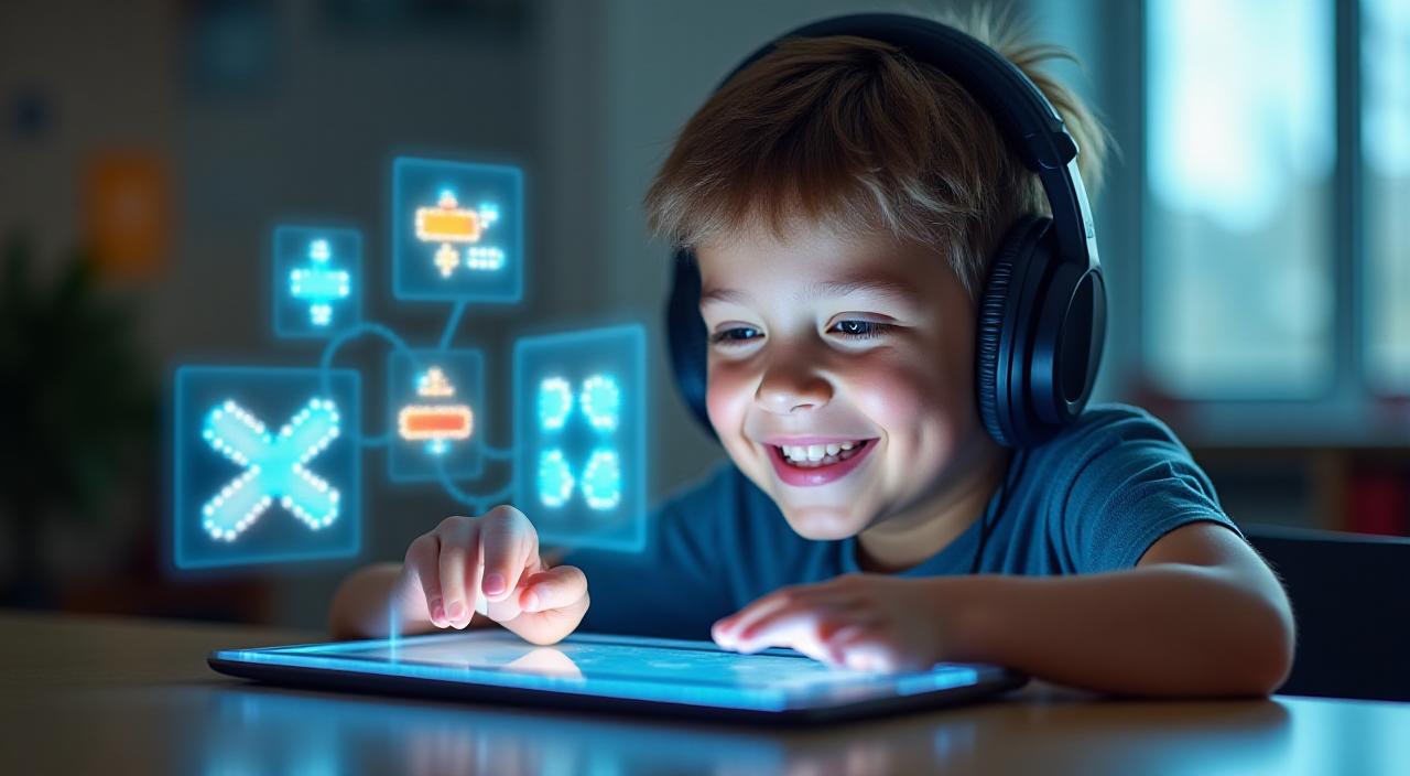 Niño sonriendo frente a una tableta que muestra bloques de código y ecuaciones matemáticas divertidas