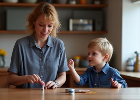 Niño dando instrucciones a su padre que finge ser un robot