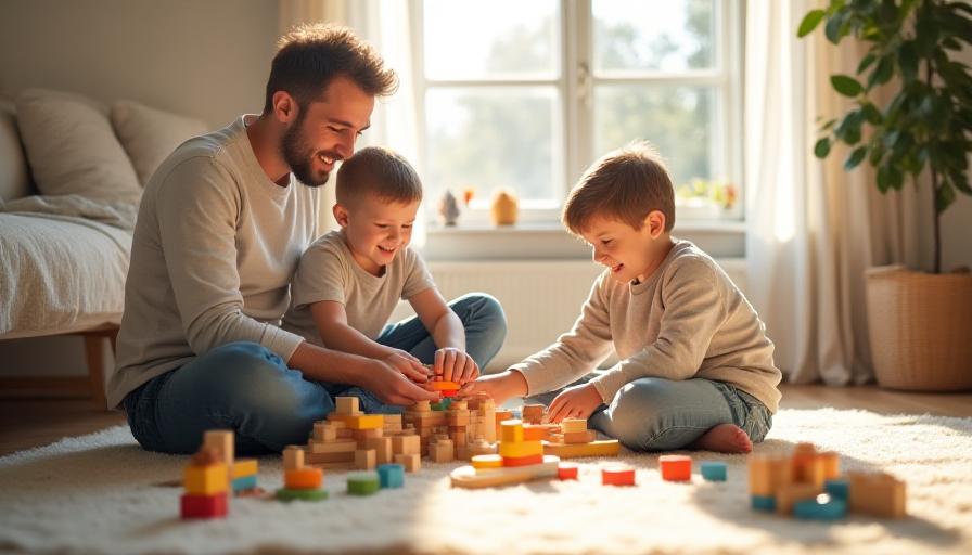 Padres e hijos jugando con bloques de madera en el suelo de una sala iluminada