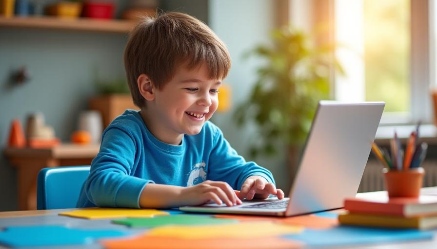 Niño sonriente usando una laptop en un entorno seguro y colorido